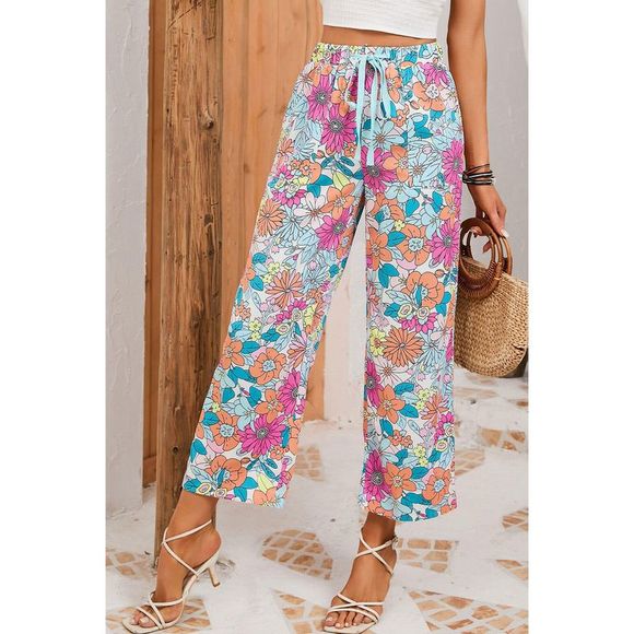 Azura Exchange  Multicolor Flower Print Pocketed Drawstring Waist Wide Leg Pants - Picture 4 of 7